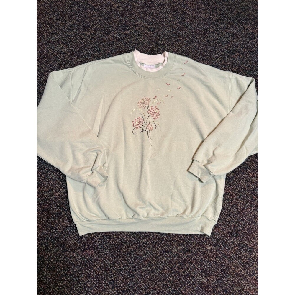 Liberty Lane Womans 1X Floral Double Collar Sweatshirt Mint Green